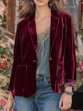 Aurohaya Vintage Velvet Blazer for Women Single-Breasted Lapel Collar Jacket with Pockets